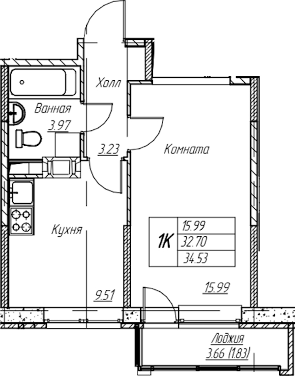 1-комнатная квартира 34.53 м², 12/22 эт., ЖК «Парк-квартал Юнтолово»
